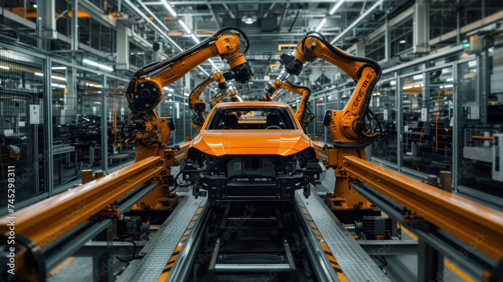 Aufkleber Automated robotics arms efficiently assembling a car on a production line, showcasing precision and advanced manufacturing technology