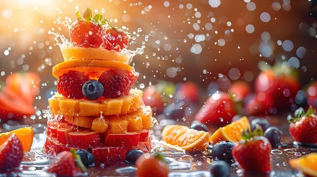 Various fruits are stacked together with splashes of water. fruit punch concept