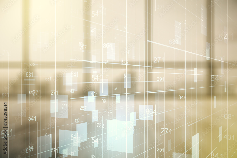 Poster abstract virtual stats data hologram on empty corporate office background. multiexposure