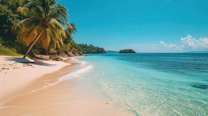 beachscape with crystal-clear waters edging onto soft sands, framed by lush palms and a backdrop of majestic mountains