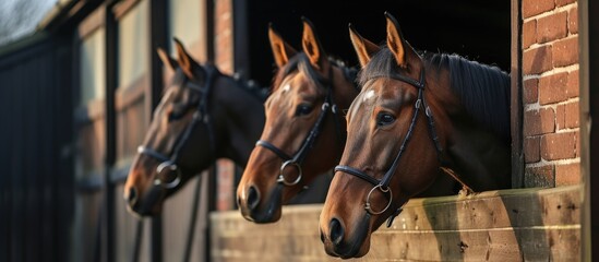 Obraz premium A group of horses, likely racehorses, standing side by side next to each other. They are gazing out of the barn towards the afternoon sun.