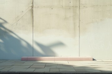Minimalistic urban scene with shadows on a concrete bench and wall