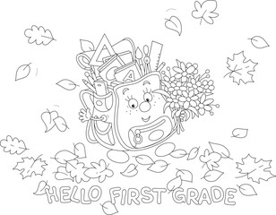 Cartoony character Schoolbag with a holiday bouquet of flowers among autumn leaves friendly smiling and waving in greeting before start of classes in grade school, black and white vector illustration