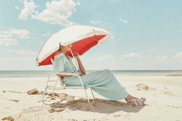 Serene summer relaxation with stylish woman under beach umbrella on sandy shore, epitomizing leisure, fashion, and tranquility