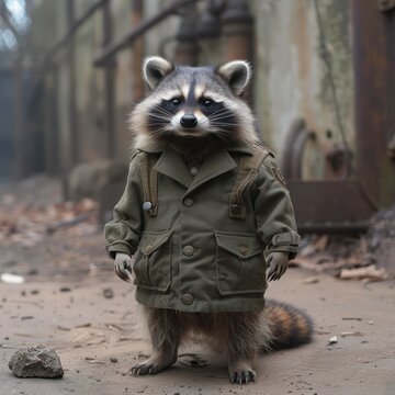 a rotund raccoon shuffling around the zoo in uniform