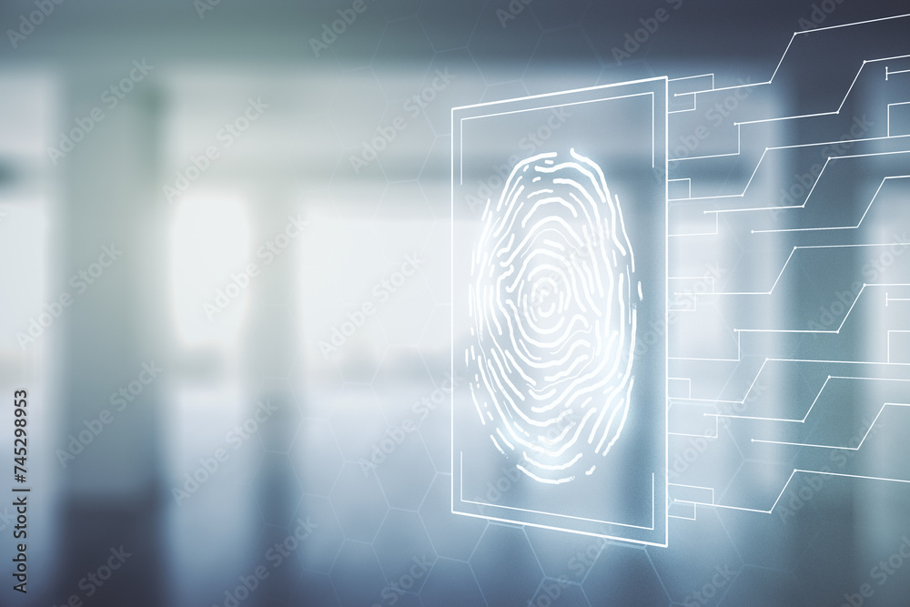 Poster Double exposure of virtual creative fingerprint hologram on empty modern office background, research and development concept