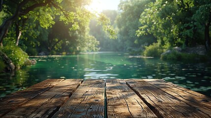 Wooden table in blurry green forest and lake or swamp A refreshing and relaxing concept.