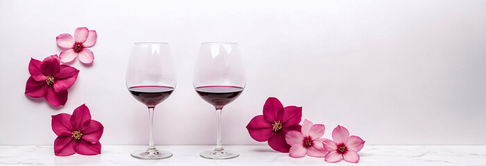 Side view of two red wine glasses with red and pink flowers petals over white background, side view, wide composition. Copy Space, Banner, Backdrop, Wine tasting, winery, bar