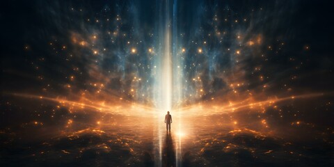 A mystical figure radiating with celestial light and stardust essence. Concept Mystical Figure, Celestial Light, Stardust Essence, Enchanting Aura, Magical Presence - obrazy, fototapety, plakaty
