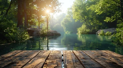 Deurstickers Wooden table in blurry green forest and lake or swamp A refreshing and relaxing concept. © Morng