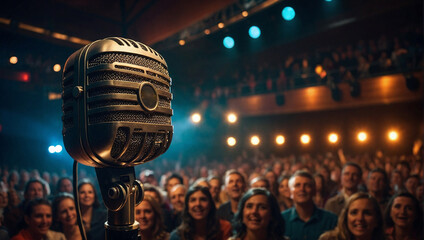 Retro microphone in front of an audience. Musical performance concept. Festival and party idea....