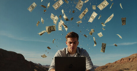 Young person working on laptop with money falling all over. Digital nomad, freelance and work on distance concept. Copy space.
