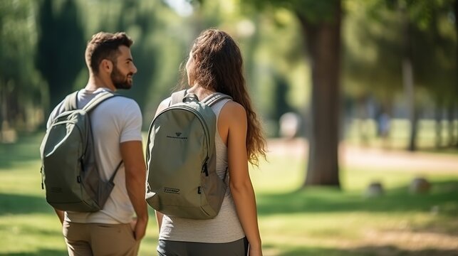 Two individuals partake in outdoor fitness through rucking, briskly walking on a sunny path, each wearing a backpack, basked in a warm glow
