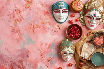 Happy Purim postcard. Carnival masks and traditional Jewish items. Pink layout background