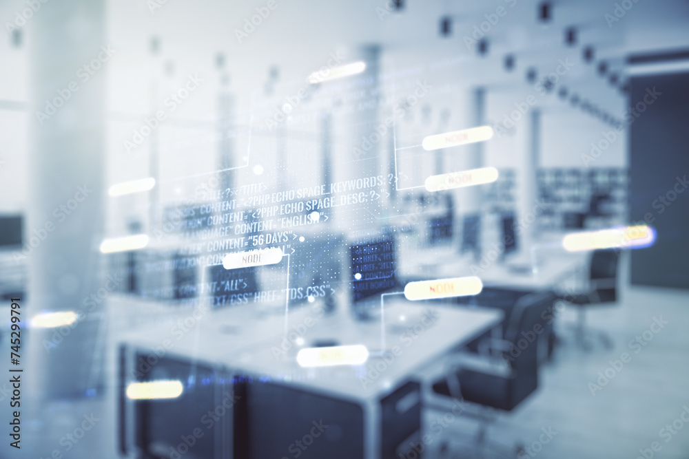 Poster Multi exposure of abstract graphic coding sketch on a modern furnished classroom background, big data and networking concept