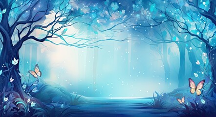 Fototapeta na wymiar Magical Fairy Forest with Flying Fairies in Beautiful Blue Hues - Abstract Art Background