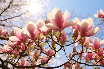 Majestic Magnolia Tree in Sun-Kissed Splendor - Captivating M-Shaped Blossoms Amidst Lush Foliage.