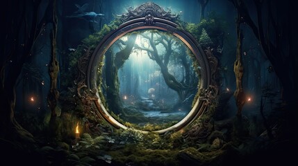 Magical Portal to another World: Dark Mysterious Forest with Enchanted Mirror. Night Fantasy Forest - obrazy, fototapety, plakaty
