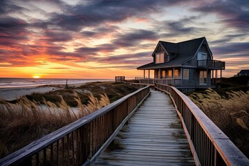 New England Beach House Sunrise on Boardwalk with Sand, Dunes, and Grass - obrazy, fototapety, plakaty
