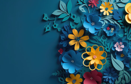Cut paper flowers on dark blue background with copy space. generative AI