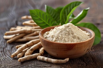 Ashwagandha powder in a rustic wooden bowl, with raw ashwagandha roots scattered nearby and fresh green leaves in the background, all set on a wooden surface