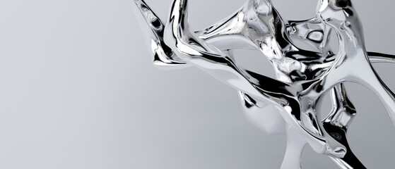 3d render of abstract art with surreal 3d organic curve wavy smooth and soft bio forms in matte aluminium metal material or chrome parts on grey background. Abstract designs and polished metal. 