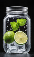 Lime and mint in a glass jar with water and ice