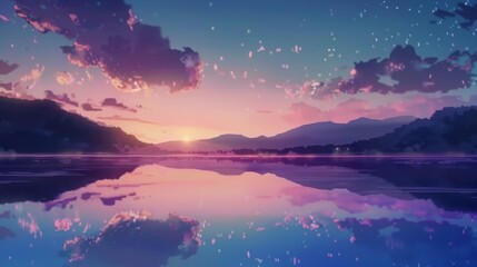 Sunset Reflection on Anime Lake Background - Macro Lens - obrazy, fototapety, plakaty