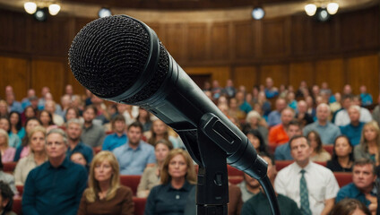 Microphones in front of an audience. Political rally concept. Social issues and freedom of speech idea. Copy space.