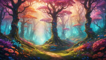 Fototapeta premium Painting of a path through a forest with flowers and trees on either side of it, with a bright light coming from the trees, matte fantasy painting art