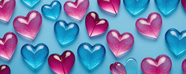 Pink glass transparent hearts valentines day abstract blue background and design backdrop pragma