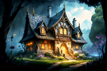 Fototapeta premium A beautiful 3D render painting of a home exterior, haunted house in the woods