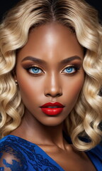 A striking black woman with curly blonde hair, dazzling makeup, complemented by bright red lipstick.