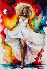A joyous black woman with curly blonde hair smiles brightly, wearing a stunning white dress that complements the vivid abstract art in the background.Drawing paints