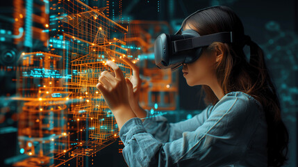 Naklejka premium Working with virtual reality architecture, woman adjusts building hologram in metaverse