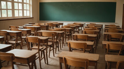 old-fashioned classroom featuring rows of wooden desks and chairs facing a clean, empty green chalkboard, indicative of a break in lessons or the end of a school day