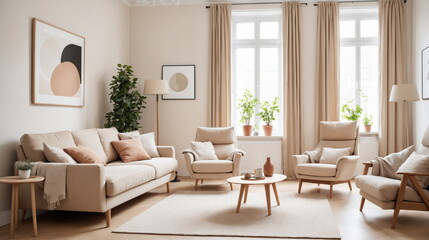 the calm aesthetic of a Scandinavian-inspired living room, featuring a cozy beige sofa, a recliner chair, and minimalist decor bathed in natural light