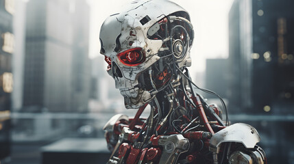 a robot in the city with his eyes wide open