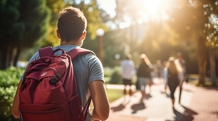 A person walks outdoors on a sunny path with a red backpack, embodying urban fitness through rucksack hiking amidst nature - obrazy, fototapety, plakaty
