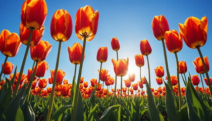 A stunning display of red and yellow tulips basking in the sunlight, towering tall with a clear blue sky as the backdrop.