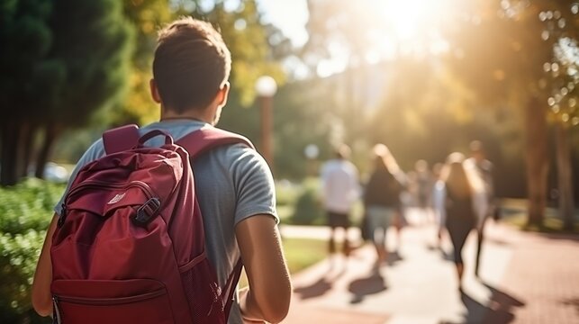 A person walks outdoors on a sunny path with a red backpack, embodying urban fitness through rucksack hiking amidst nature