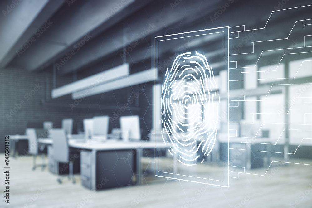 Poster Multi exposure of virtual graphic fingerprint sketch on a modern furnished classroom background, fingerprint scan data concept
