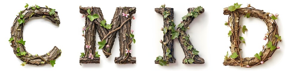 Fototapeta premium C, M, K and D letters made of twigs and blossoms on a white background