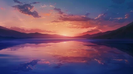 Minimalist Anime Background of Serene Lake Sunset - Macro Lens - obrazy, fototapety, plakaty