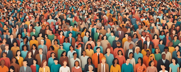 A sea of colorful, faceless figures representing a large crowd gathered together at an outdoor setting, possibly symbolizing diversity or unity in a group - obrazy, fototapety, plakaty