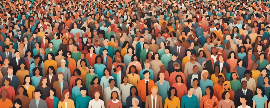 A sea of colorful, faceless figures representing a large crowd gathered together at an outdoor setting, possibly symbolizing diversity or unity in a group
