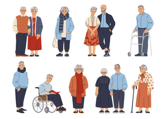 Elder people. Old man and woman standing, person couples, senior older lady, grandmother and grandfather group, happy adult faces. Characters on wheelchair. Vector cartoon flat isolated set