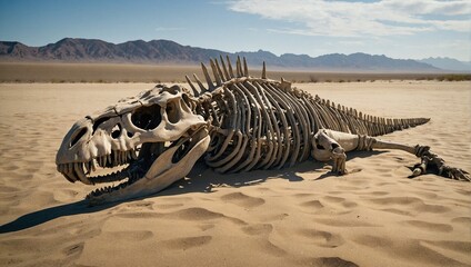 Dinosaur skeleton emerging on empty beach. Abstract global warming and environmental protection concept. Danger weather changes idea. Copy space.