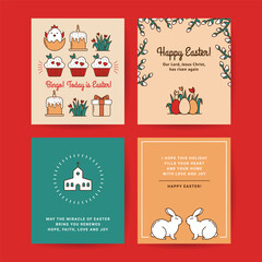 Easter Set of Postcards, Gift Tags, Design Templates Drawn in a Linear style. Frame with Pussy Willow, Colored Eggs with Flower, Bunny, American Church, Baby Chicken in Eggshell, Easter Cake Kulich