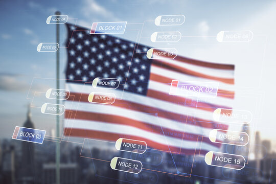 Multi exposure of abstract creative coding sketch on USA flag and blurry cityscape background, artificial intelligence and neural networks concept